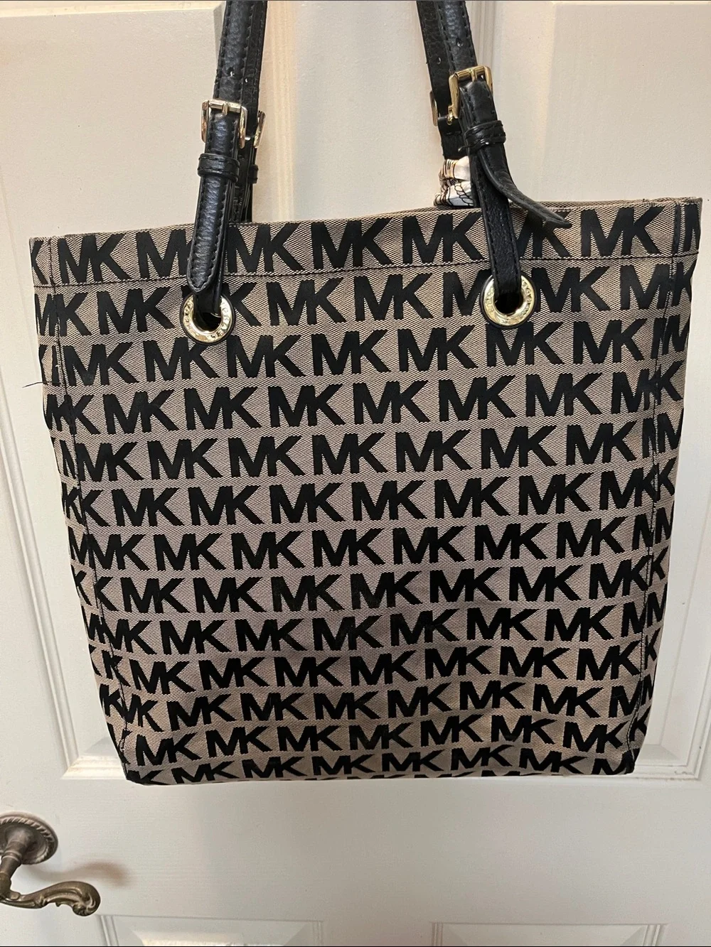 EUC Michael Kors Black & Brown MK Logo Tote with Gold Charm Leather Straps - Picture 3 of 14